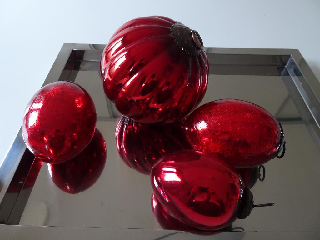 Antiek glazen kerstbal kerstdecoratie glas rood koper 4x, Ophalen of Verzenden