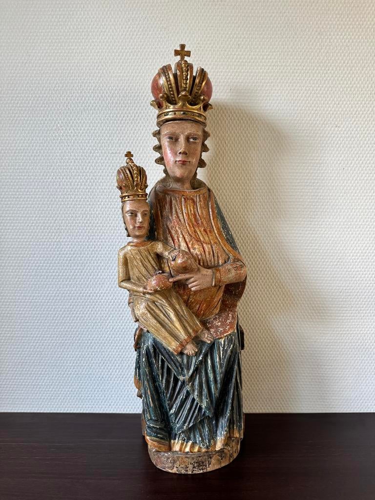 Antieke Houten Heilige Maria met Kindje Jezus Kopie 17e Eeuw, Antiek en Kunst, Ophalen of Verzenden