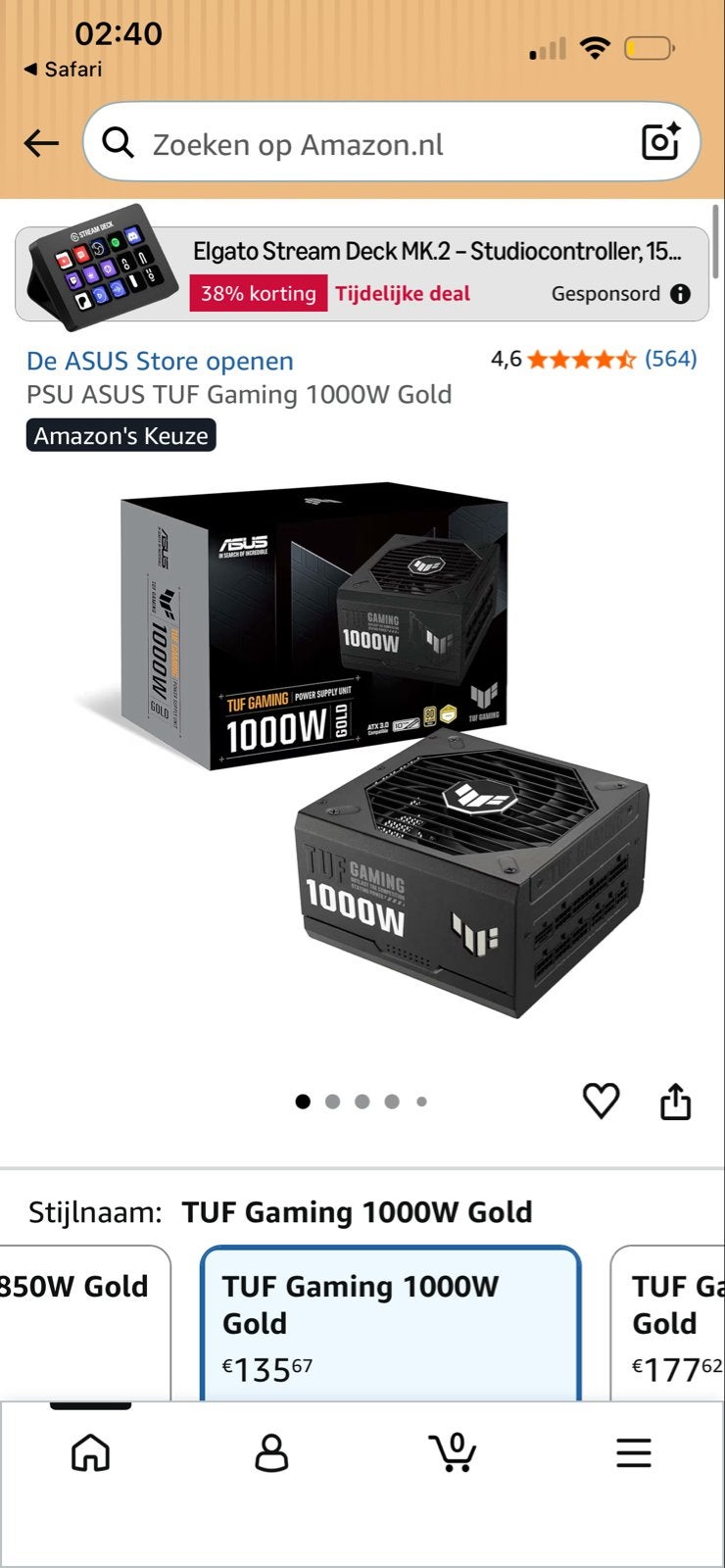 ASUS TUF Gaming 1000W Gold PSU - Z.G.A.N., Ophalen of Verzenden, Zo goed als nieuw