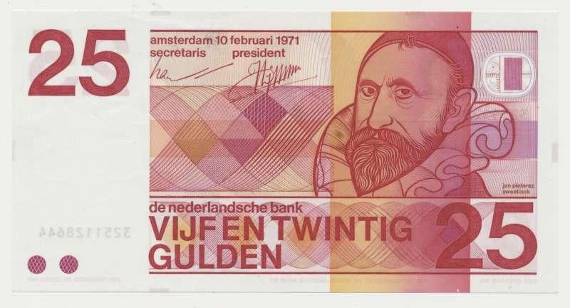 Nederland 25 Gulden 1971 Sweelinck UNC- (10 cijfers), Ophalen of Verzenden, 25 gulden