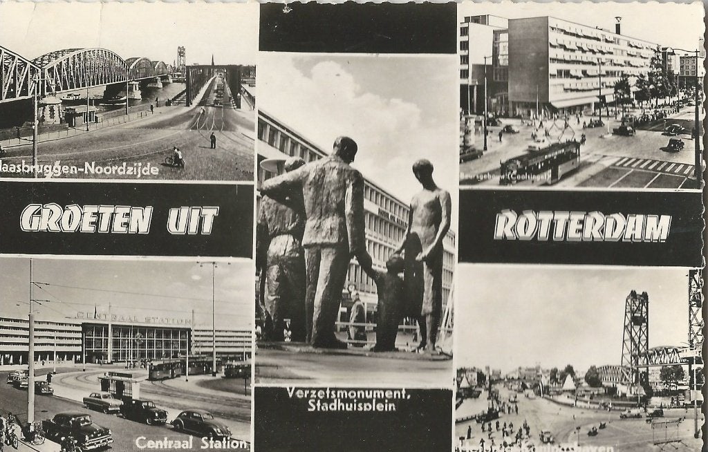 AK Rotterdam Maasbruggen verzetsmonument station auto's tram, Ophalen of Verzenden, 1940 tot 1960, Gelopen, Zuid-Holland