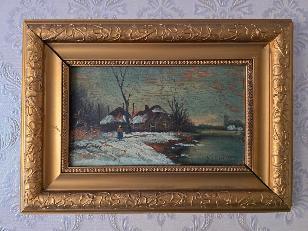 Antiek Winterlandschap op paneel - J. Giovanni - In lijst, Antiek en Kunst, Kunst | Schilderijen | Klassiek, Ophalen