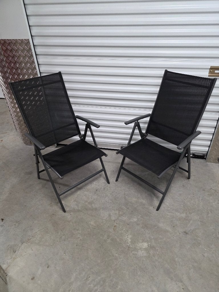2x Zwarte Tuinstoelen - Inklapbaar & Verstelbaar, Ophalen, Gebruikt, Metaal, Inklapbaar