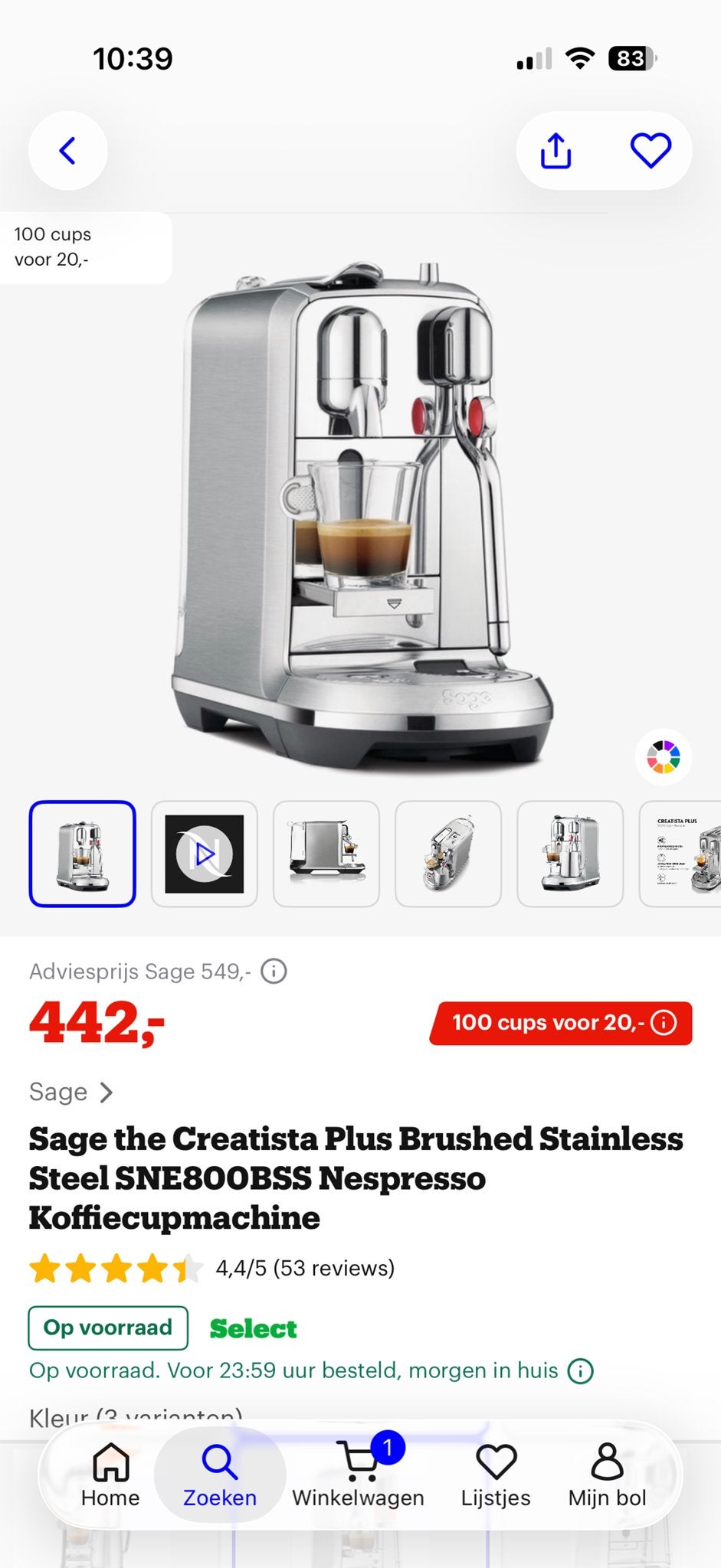 Sage Creatista Plus Nespresso Koffiecupmachine RVS, Stoompijpje, Koffiepads en cups, Koffiemachine, Ophalen of Verzenden