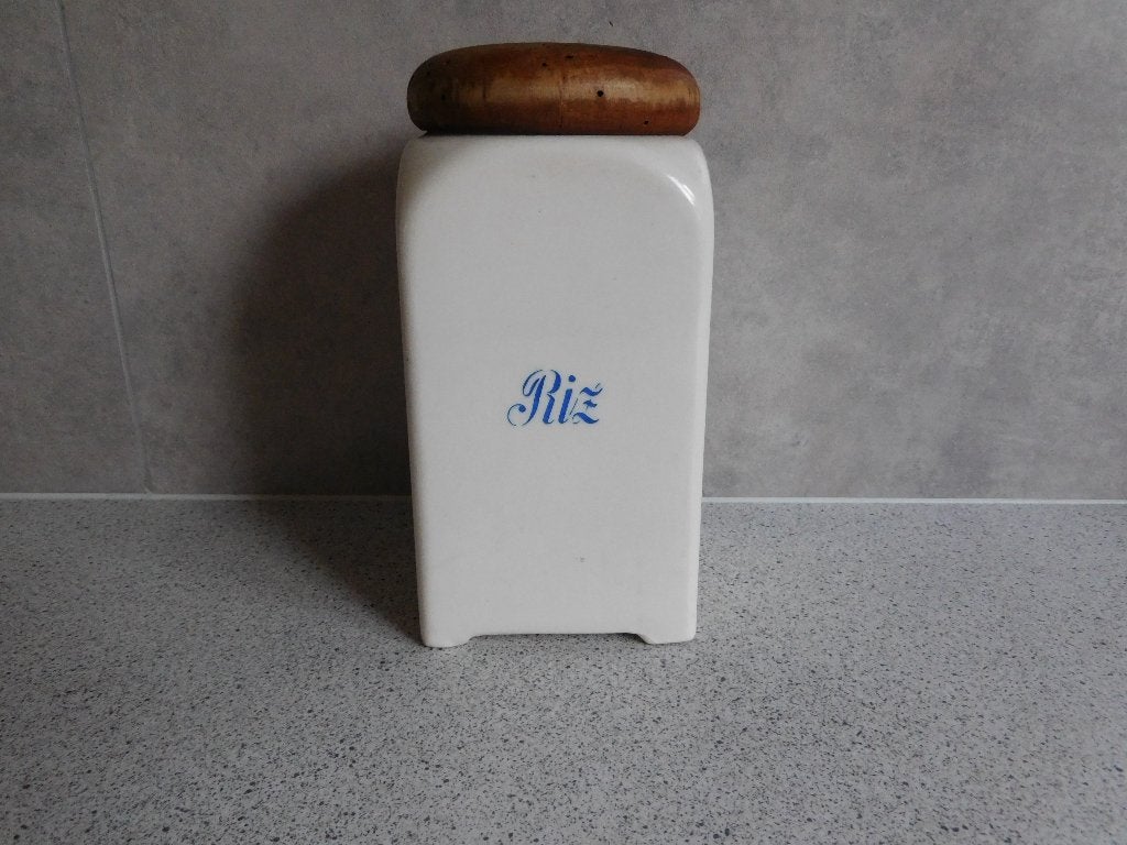 Voorraad Pot Rijst RIZ nr. 22 Houten Deksel, Pot, Bus of Blik, Ophalen of Verzenden, Zo goed als nieuw, Steen/keramiek