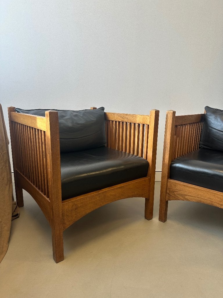 Vintage Spindle cube chair set van de Bijenkorf, Ophalen, Gebruikt, 75 tot 100 cm, Leer