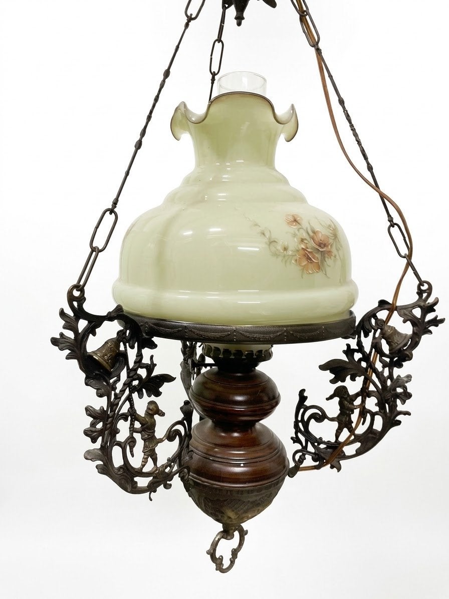 Antieke olielamp hanglamp met glazen kap, Ophalen