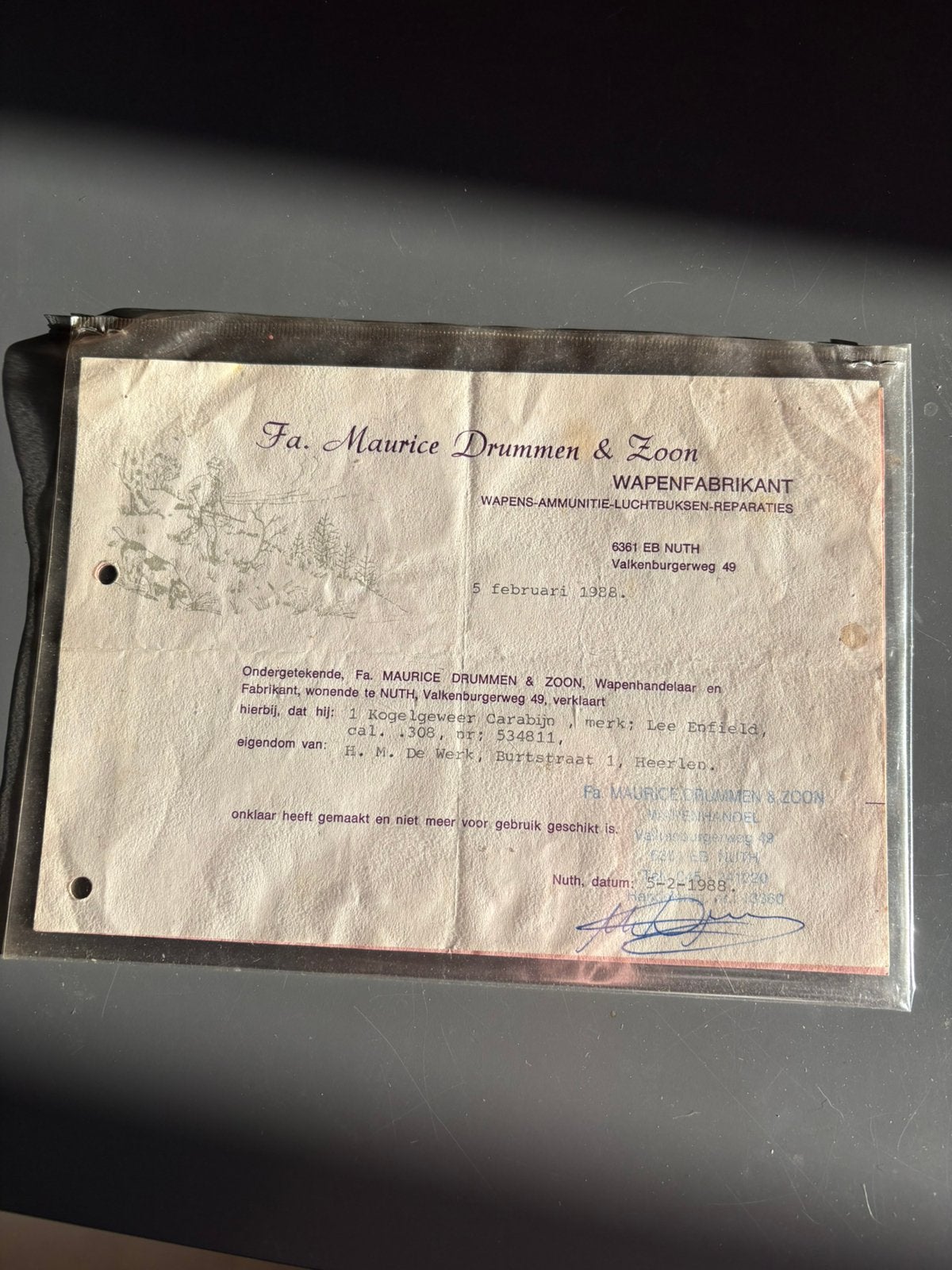 Origineel 1988 Certificaat Onklaarmaking Le Enfield Karabijn, Verzenden, Landmacht