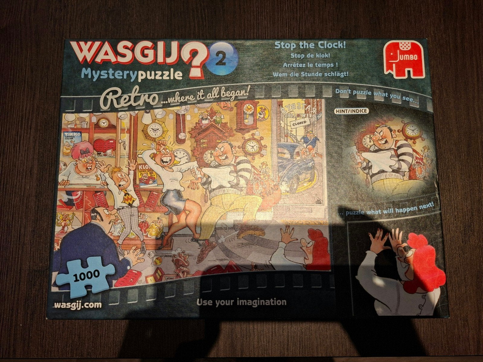 Wasgij? Mystery 2 Retro - Stop the Clock! 1000 stukjes, Hobby en Vrije tijd, Ophalen of Verzenden, 500 t/m 1500 stukjes, Gebruikt