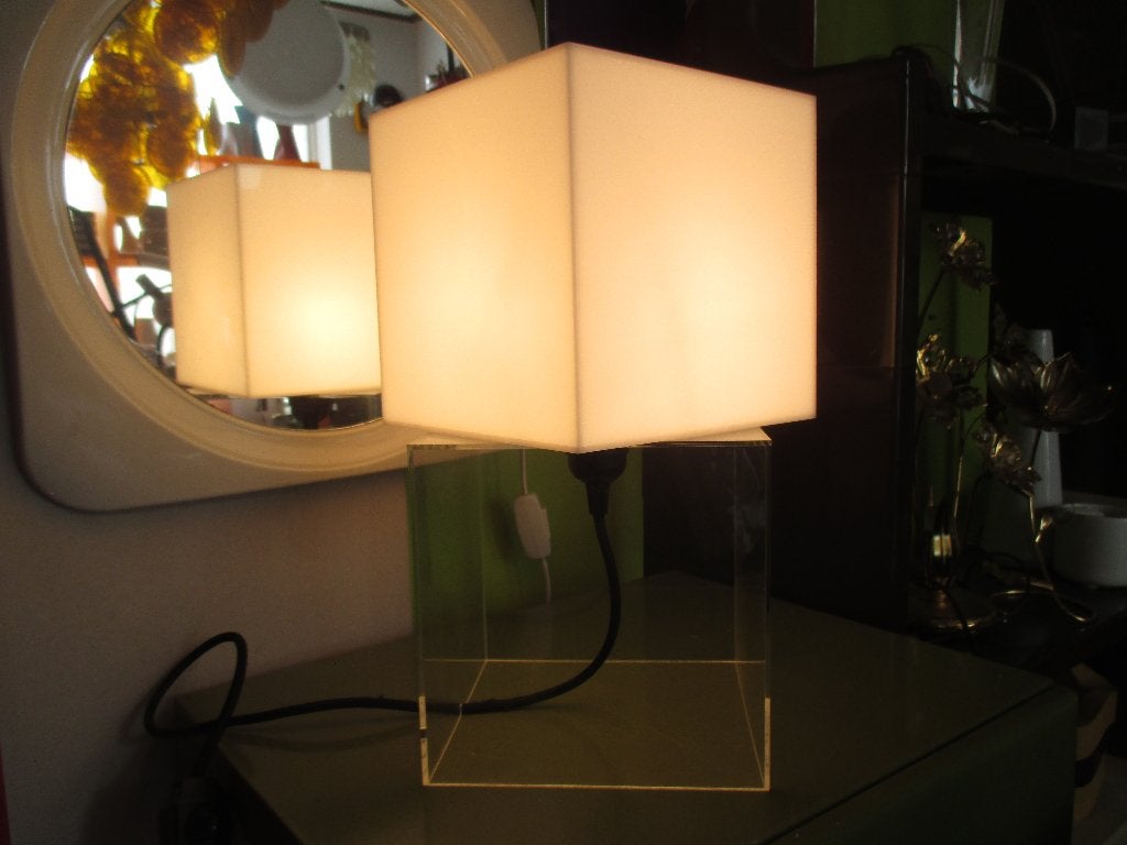 Space age design jaren 70 kubus tafellamp wit plexi retro, Gebruikt, Kunststof, ?, ?