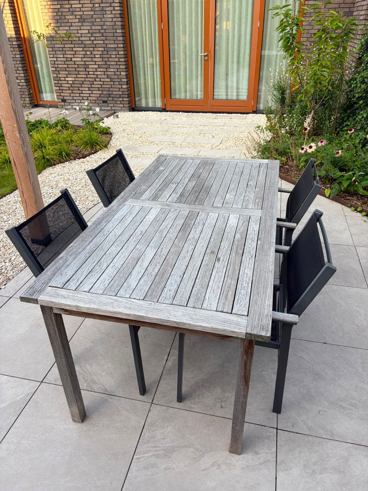 Teak Tuintafel 180x90cm met 4 Stoelen - Vergrijsd Hout, Tuin en Terras, Ophalen, Gebruikt, Rechthoekig, Teakhout