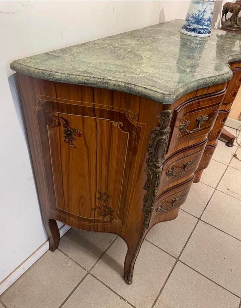 Louis XV-stijl walnoot gefineerde commode met marmeren blad, Huis en Inrichting, Kasten | Ladekasten, Ophalen, Gebruikt, 100 tot 150 cm
