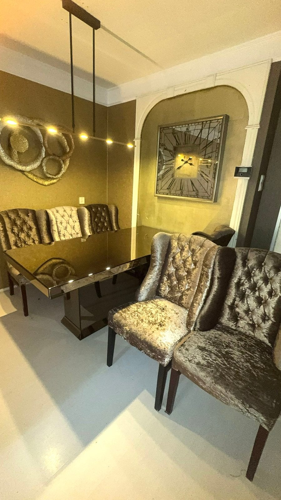 Luxe eetkamerset glazen design tafel + 6 velvet stoelen, Huis en Inrichting, Tafels | Eettafels, Ophalen, Hotel chic, Vijf personen of meer
