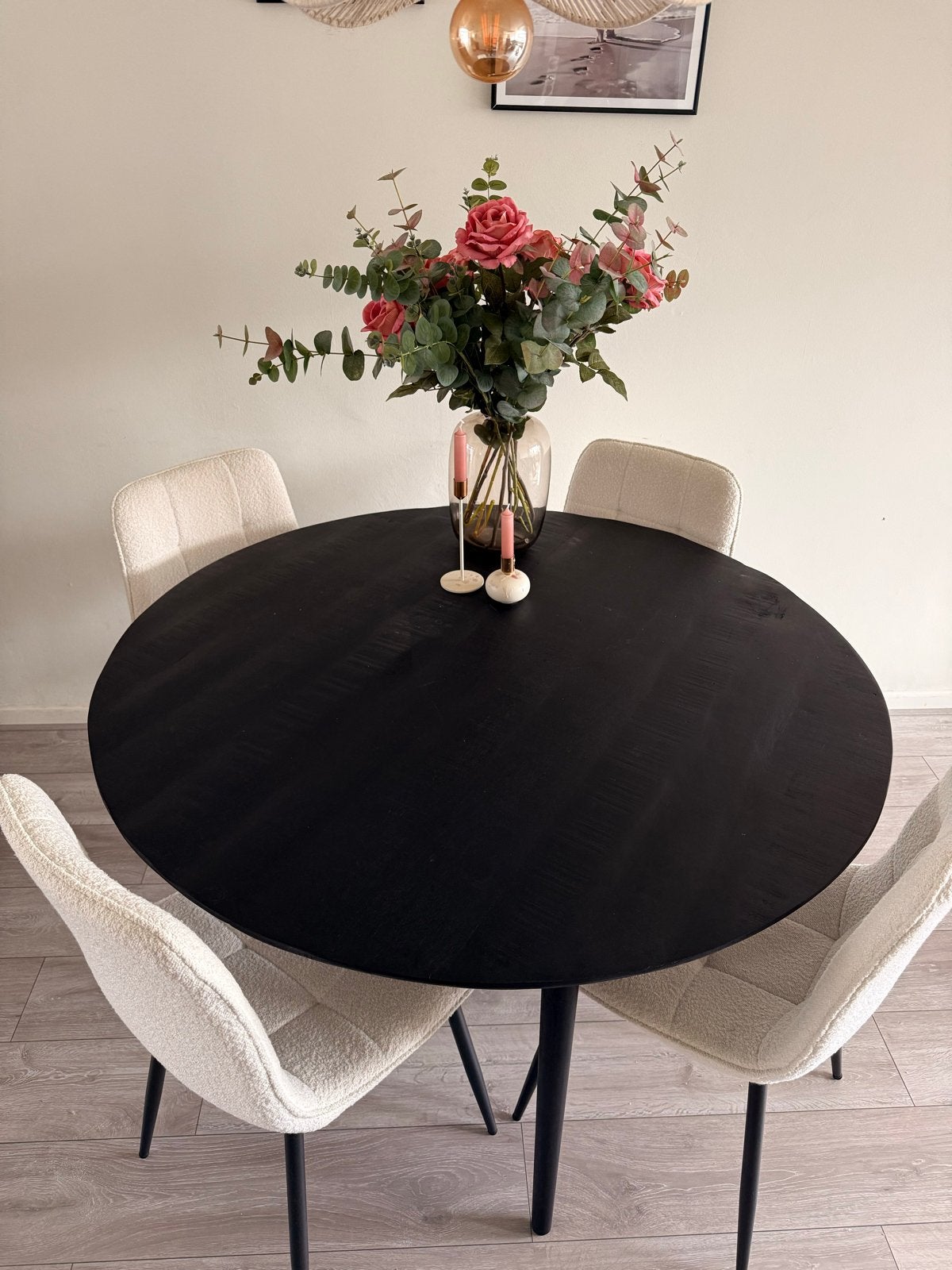 Ronde eettafel van mangohout met 4 stoelen, Huis en Inrichting, Ophalen, 100 tot 150 cm, Rond, Zo goed als nieuw