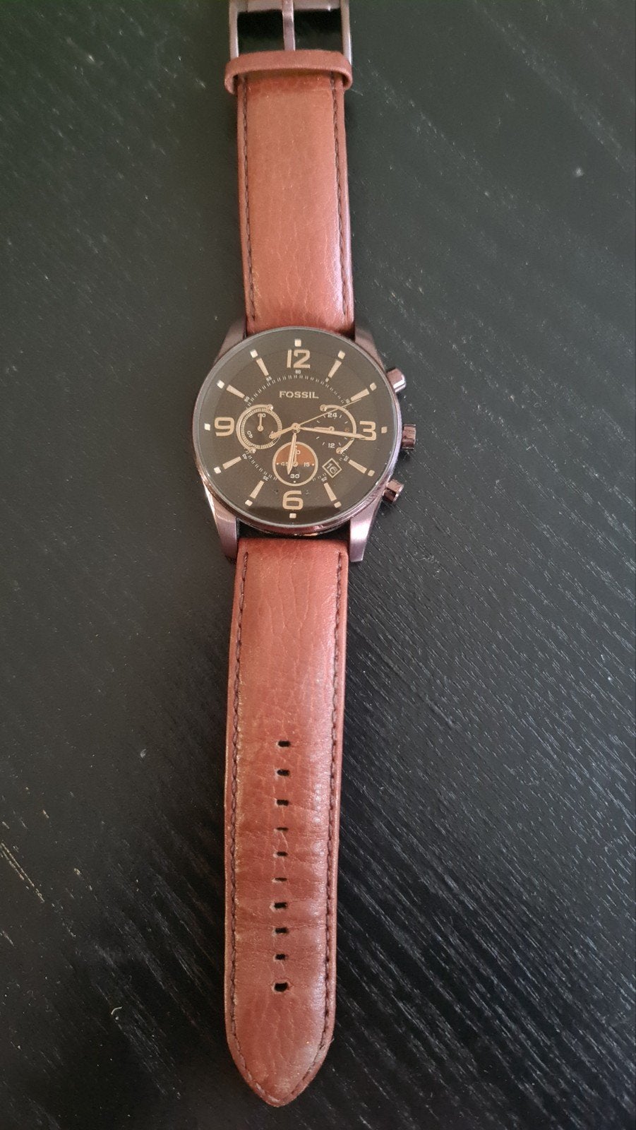 Fossil Herenhorloge FS4386 met Bruin Lederen Bandje, Overige merken, Staal, Polshorloge, Ophalen of Verzenden
