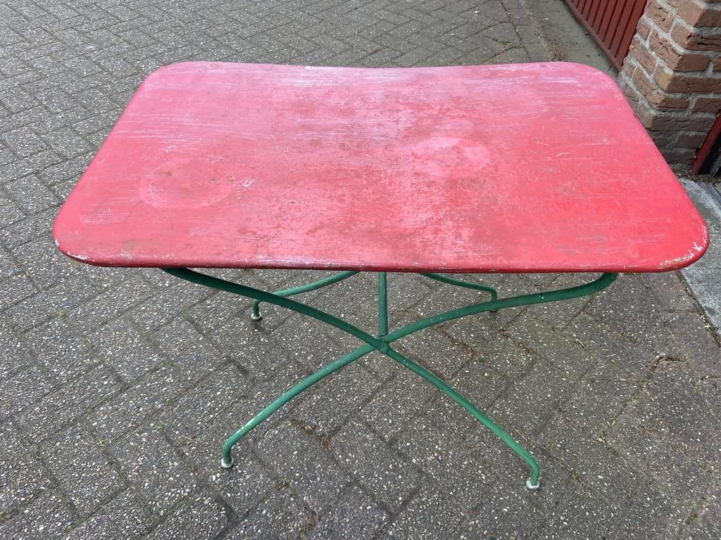 Vintage Franse bistro klaptafel – jaren ’50/’60 – rood/groen, Ophalen, Gebruikt, Rechthoekig, Metaal