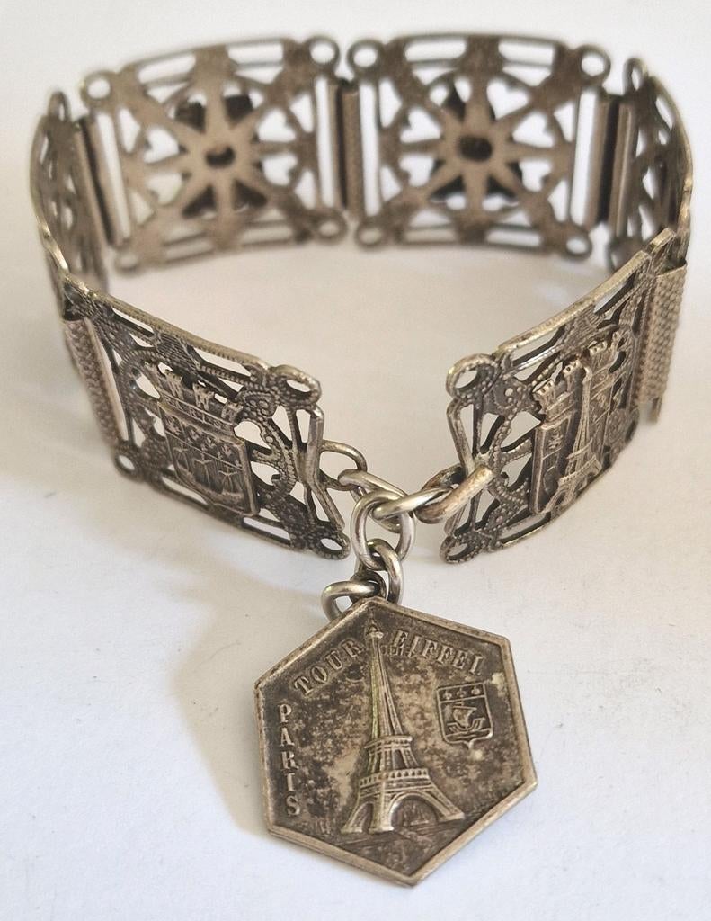Vintage Parijs Souvenir Armband - Filigrane Déposé, Gebruikt, Ophalen of Verzenden, Met bedels of kralen, Zilver