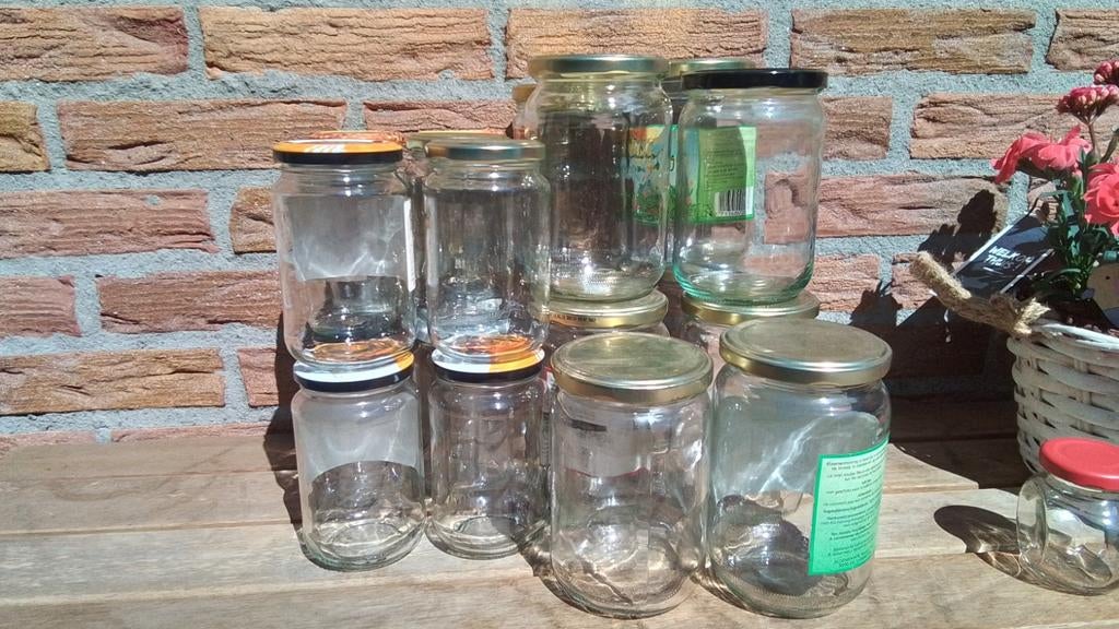 Gratis af te halen: ca. 40 honing/jampotjes, Voorraadpot, Ophalen of Verzenden, Gebruikt, Glas