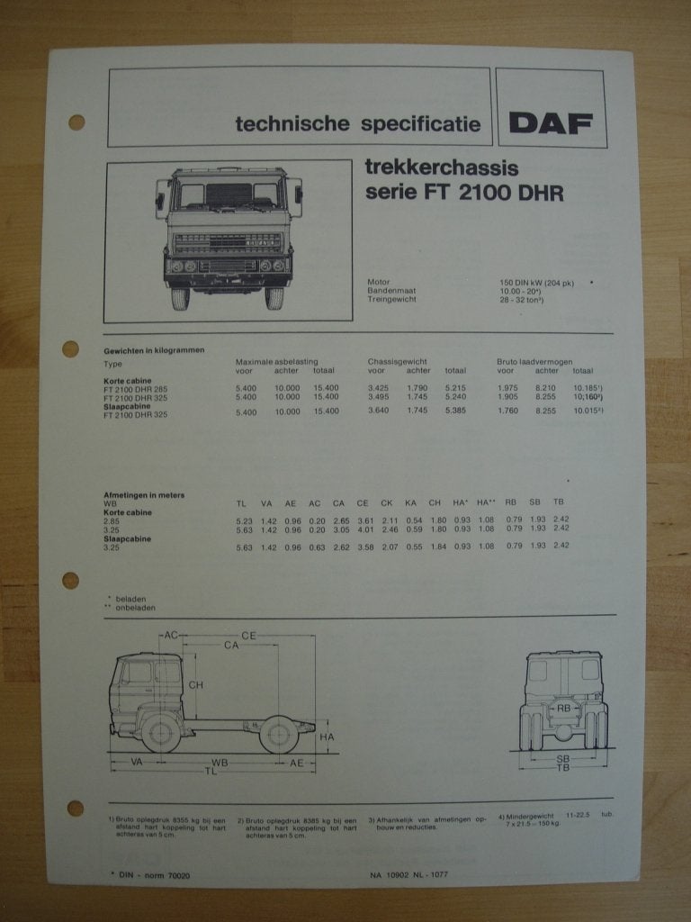 DAF FT 2100 DHR Technische Specificatie folder 1977 – 4x2, Ophalen of Verzenden, Zo goed als nieuw, Overige merken, DAF