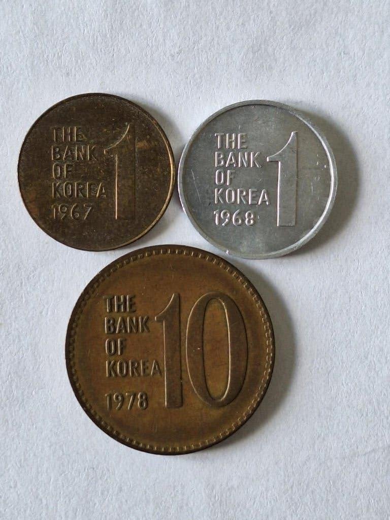 3 munten Zuid Korea 1967-1978, Ophalen of Verzenden, Oost-Azië, Losse munt
