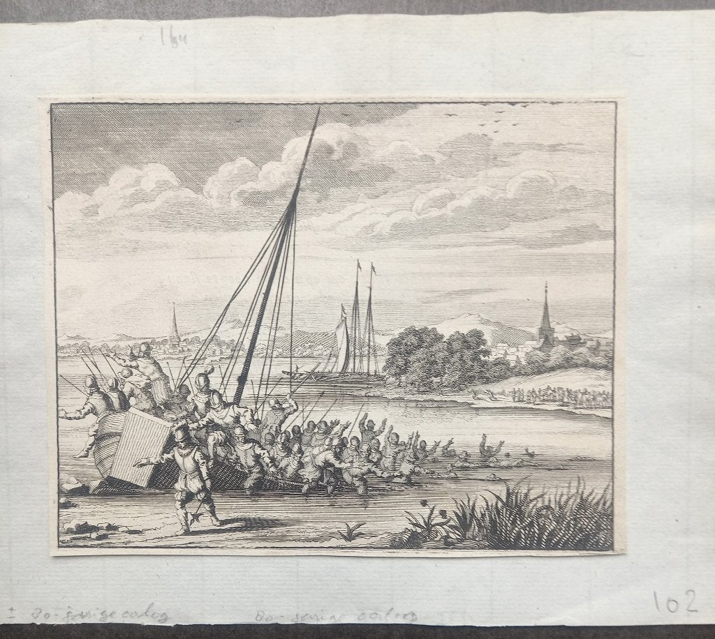 kopergravure Jan van Renesse sneuvelt bij Beusichem 1304, Militair, Ophalen of Verzenden, Gravure, 12 cm