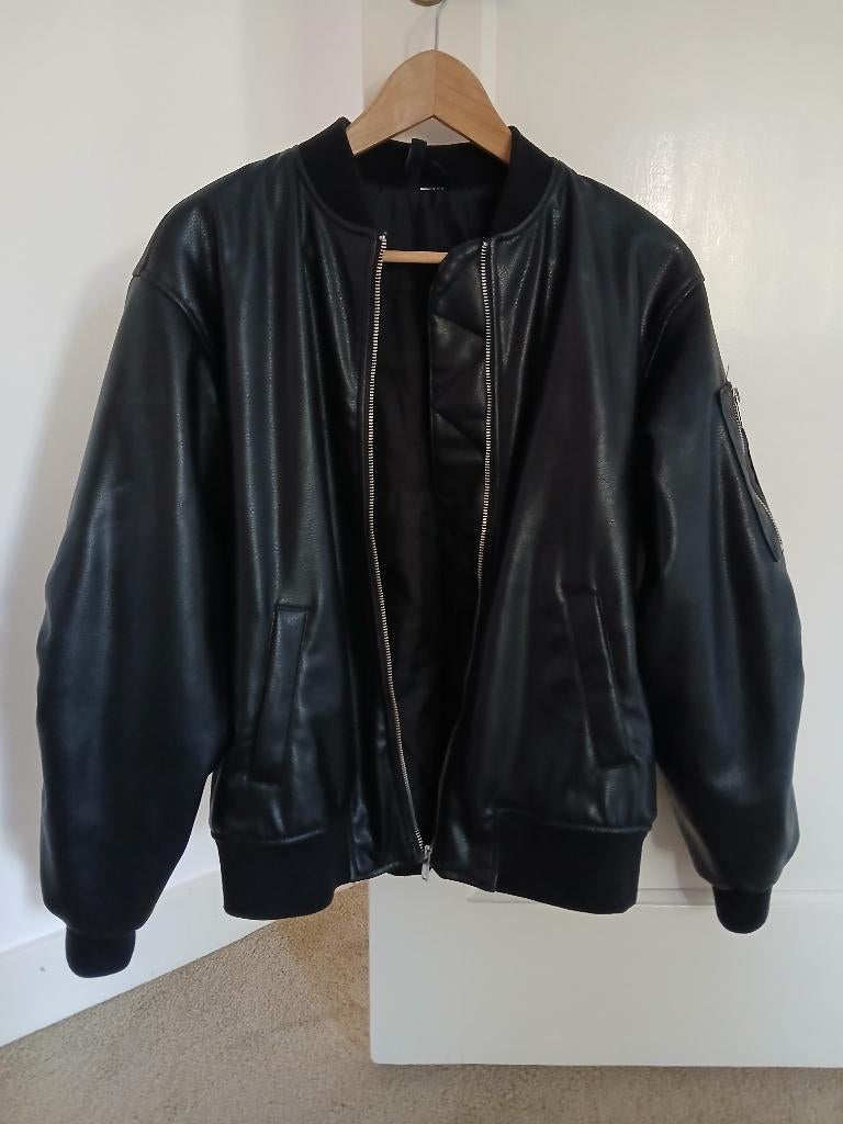 Zwart leren bomber jack H&M  S 36, Kleding | Dames, H&M, Verzenden, Zwart, Zo goed als nieuw