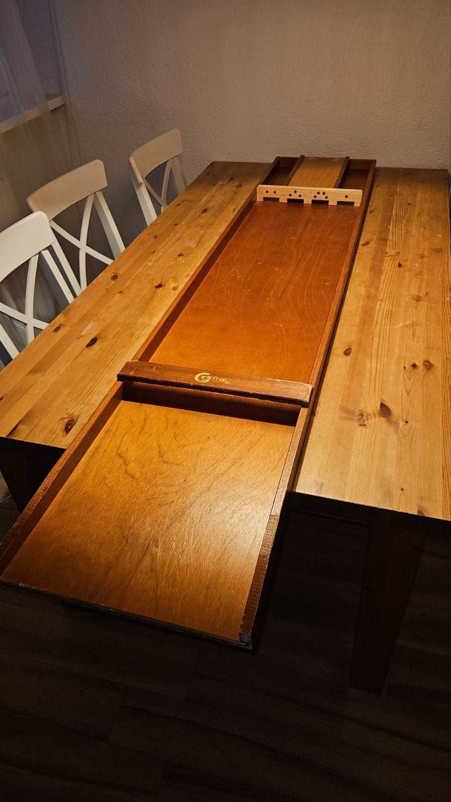 Vintage houten sjoelbak met sjoelschijven, Hobby en Vrije tijd, Gezelschapsspellen | Bordspellen, Een of twee spelers, Ophalen