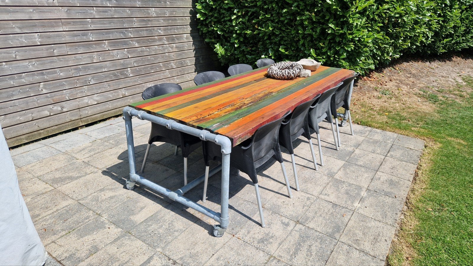 Grote tuintafel met metalen onderstel (260x100x75), Tuin en Terras, Tuintafels, Ophalen, Gebruikt, Rechthoekig, Hout