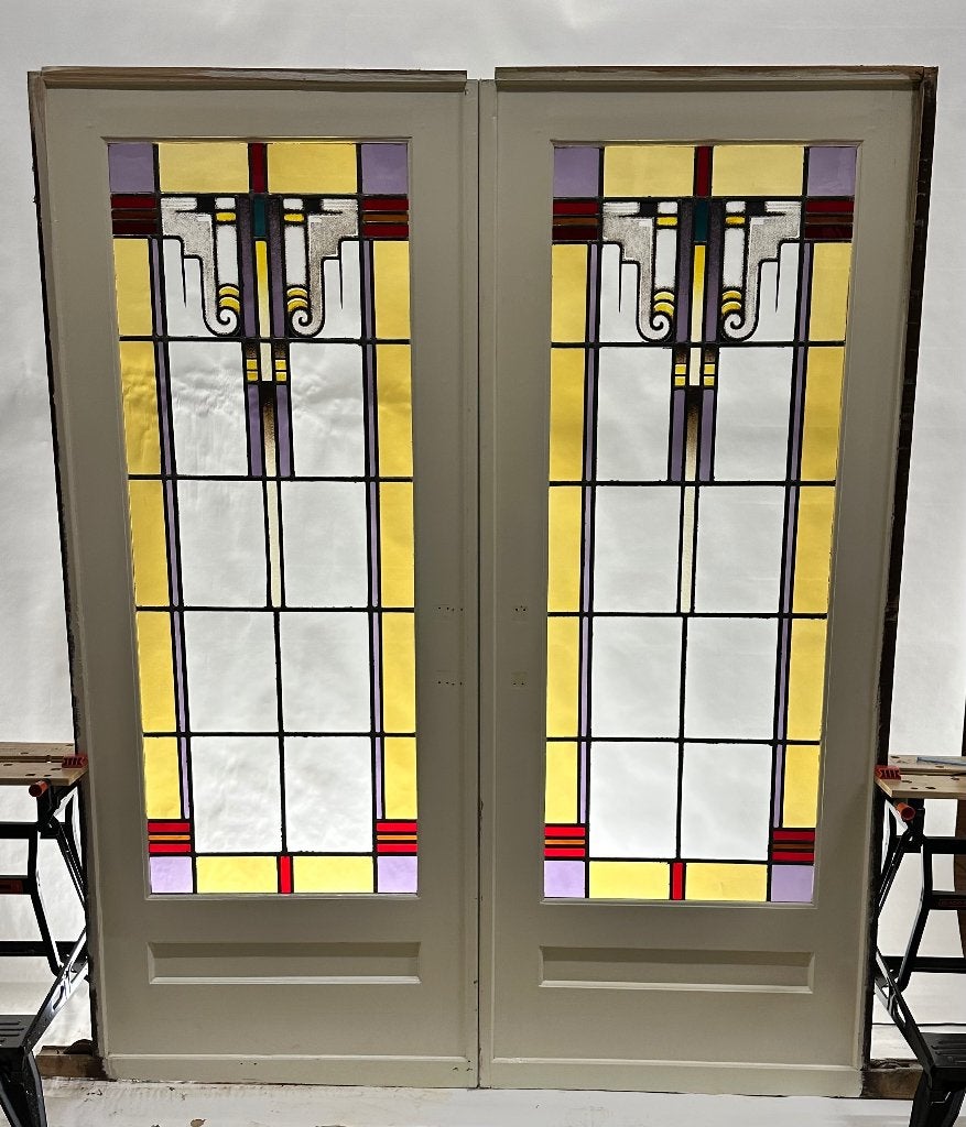 218x88 unieke set ensuite schuifdeuren glas in lood Art-Deco, Doe-het-zelf en Verbouw, Ophalen, Gebruikt, Binnendeur, Schuifdeur