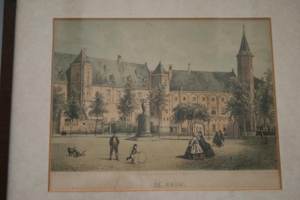 Antieke gekleurde steendruk Abdij Middelburg 1861, 26 cm, 1800 - 1899, Architectuur, Ingelijst