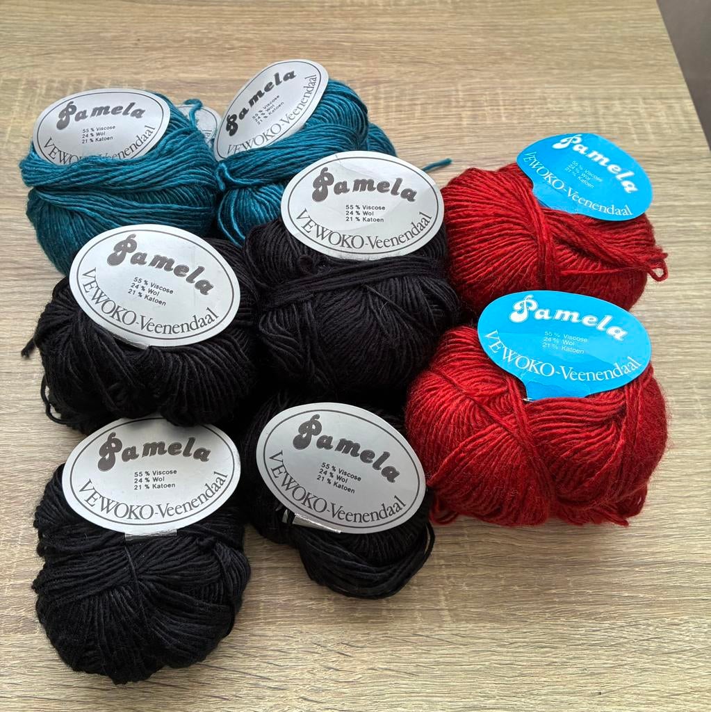 14 bollen Pamela Vewoko zwart rood petrol viscose wol katoen, Hobby en Vrije tijd, Breien en Haken, Ophalen of Verzenden, Nieuw