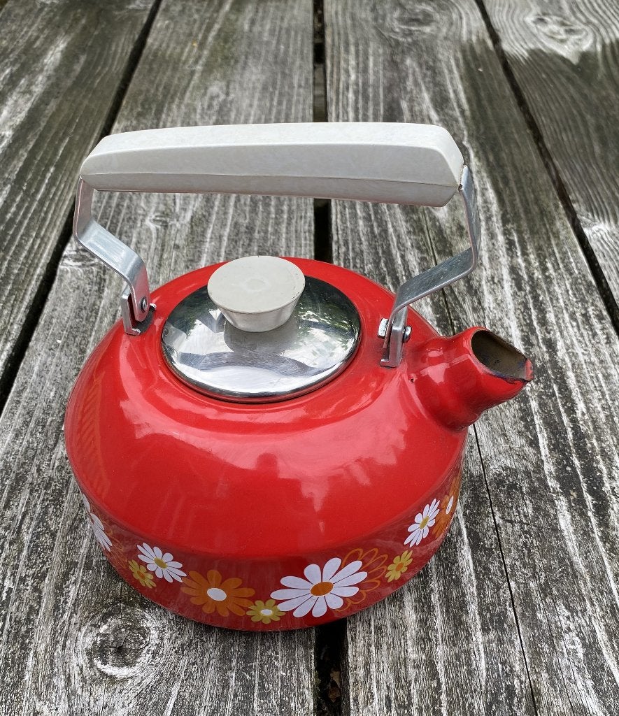 Leuke Retro Fluitketel - emaille vintage flower power design, Ophalen of Verzenden