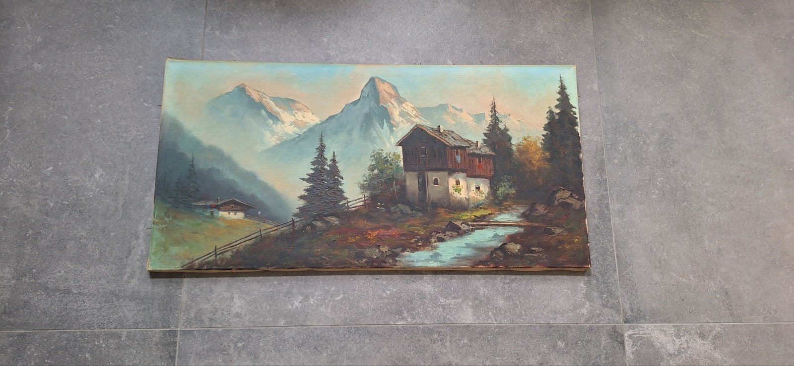 Schilderij berglandschap met huis en rivier 80x40 cm, Doek, Realistisch, Ophalen of Verzenden, Landschap