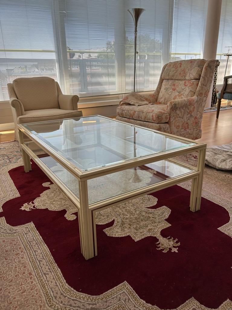 Pierre Vandel Paris Salontafel met Glazen Bladen, Ophalen, Gebruikt, 100 tot 150 cm, 50 tot 100 cm