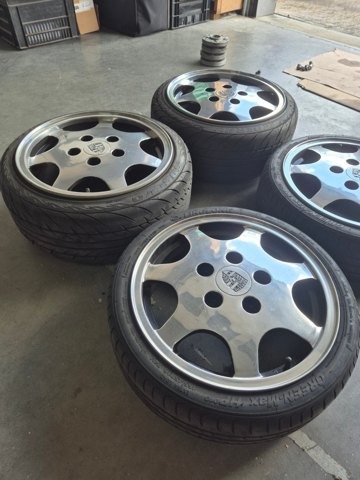 Set Porsche C2 velgen met banden en adapters, Ophalen, Gebruikt, 16 inch, Banden en Velgen