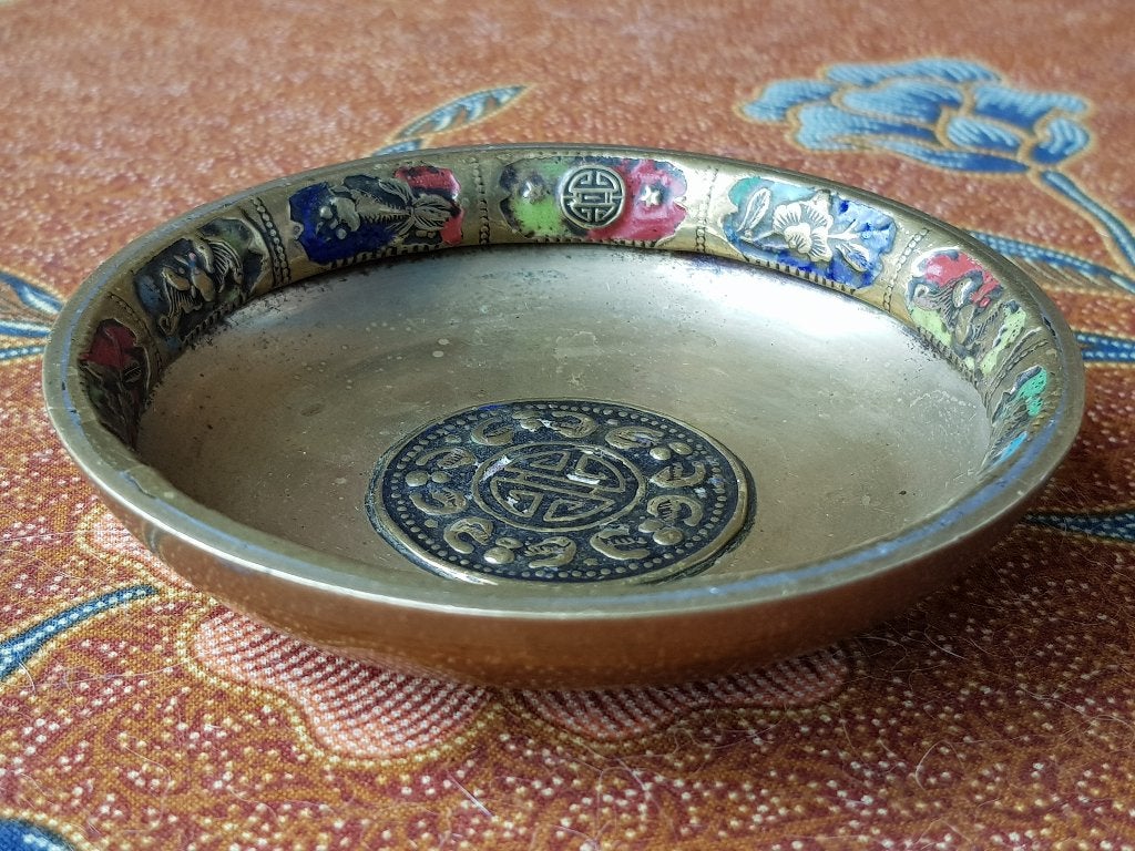 Mooi antiek Chinees schaaltje van koper en emaille 8,9 cm., Ophalen of Verzenden