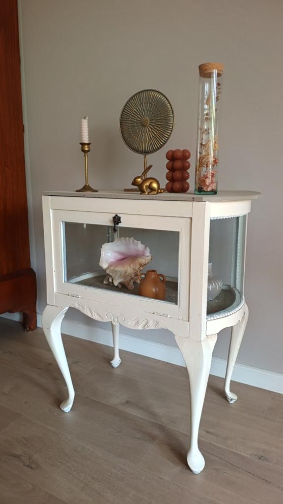 Romantisch brocante theekastje met gebold glas, Ophalen, Glas, Onbekend, Zo goed als nieuw