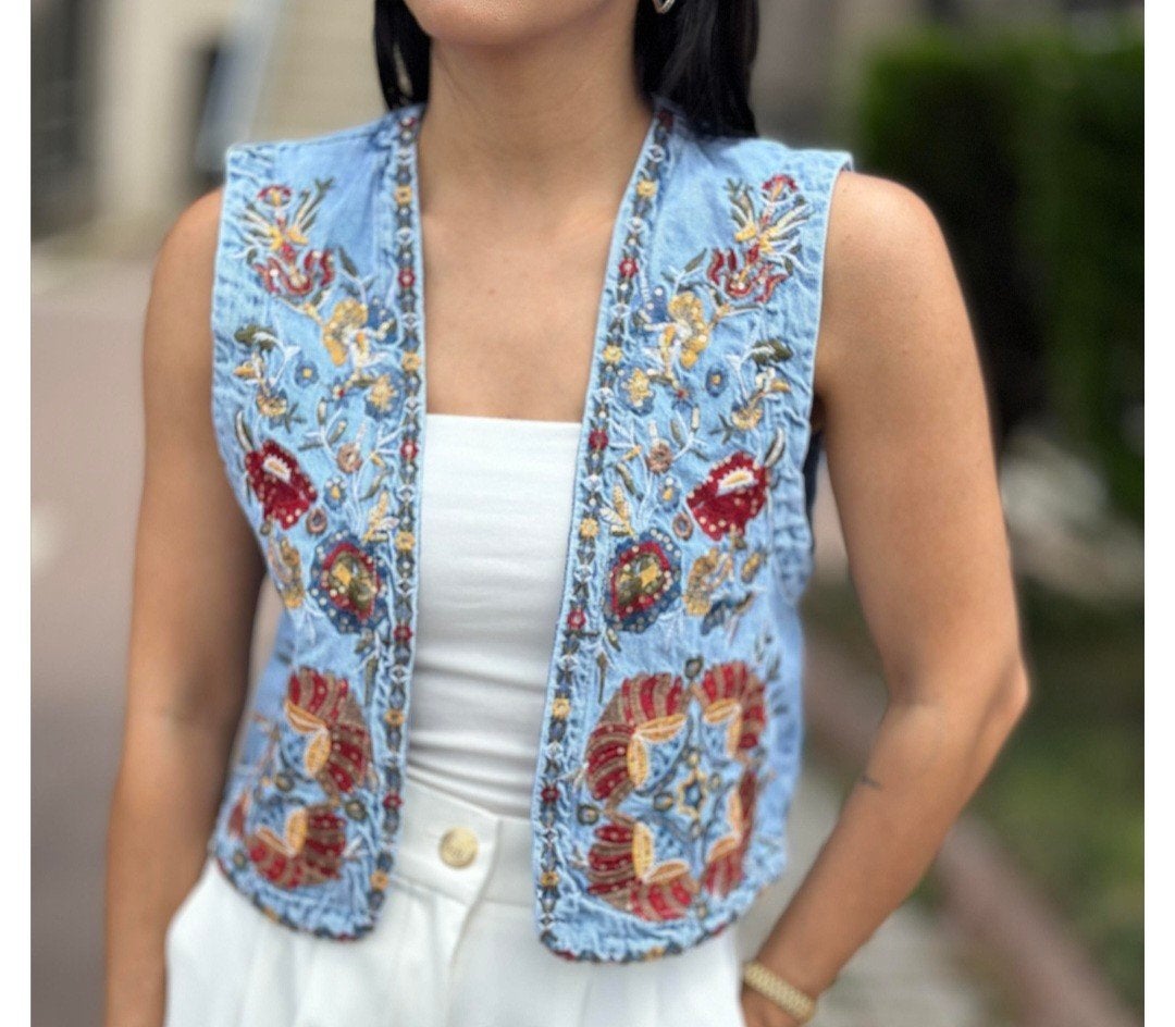 geborduurd spijker gilet M jeans vest embroidered, Maat 38/40 (M), Drole de copine, Blauw, Ophalen of Verzenden