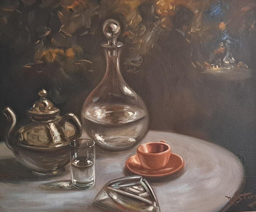 schilderij groot stilleven restaurant scene, Ophalen