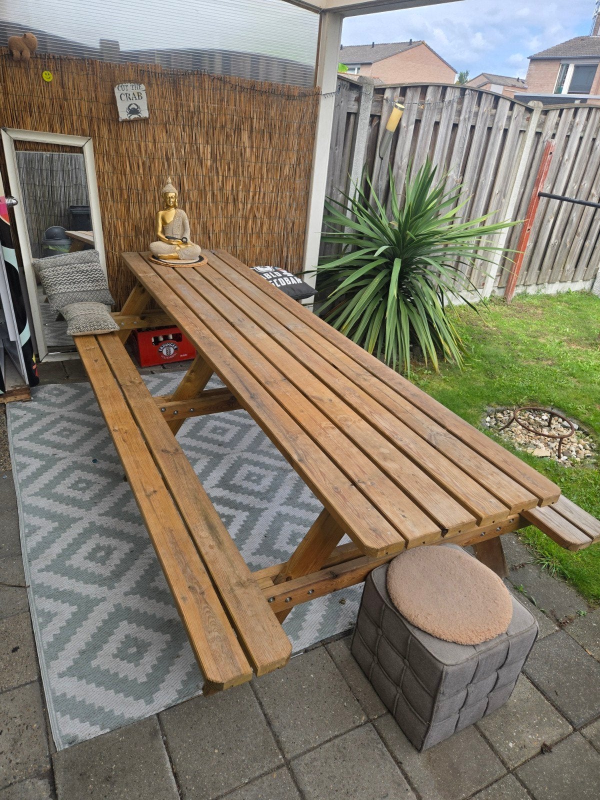 Grote picknicktafel Deluxe 300x75 met inklapbare banken, Tuin en Terras, Picknicktafels, Gebruikt, Ophalen of Verzenden, Inklapbaar