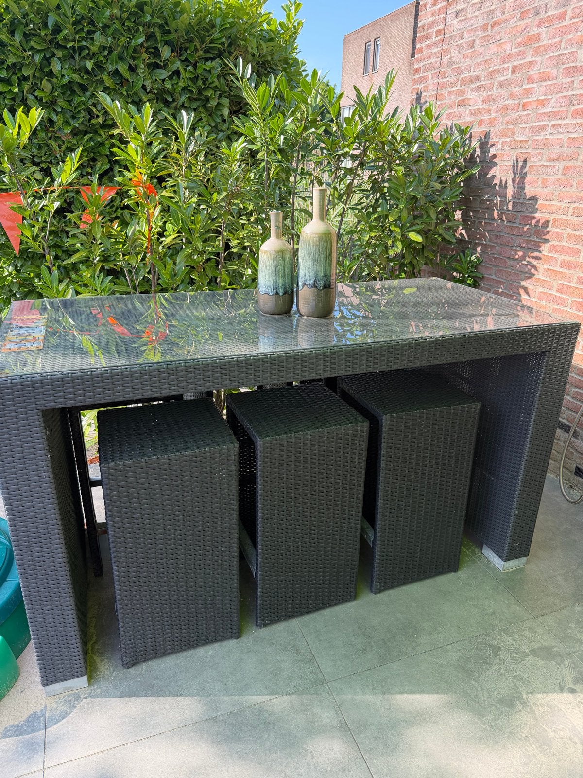 Hoge tuintafel bar met glasplaat en 6 krukken (optioneel 8), Ophalen, Gebruikt, Overige materialen