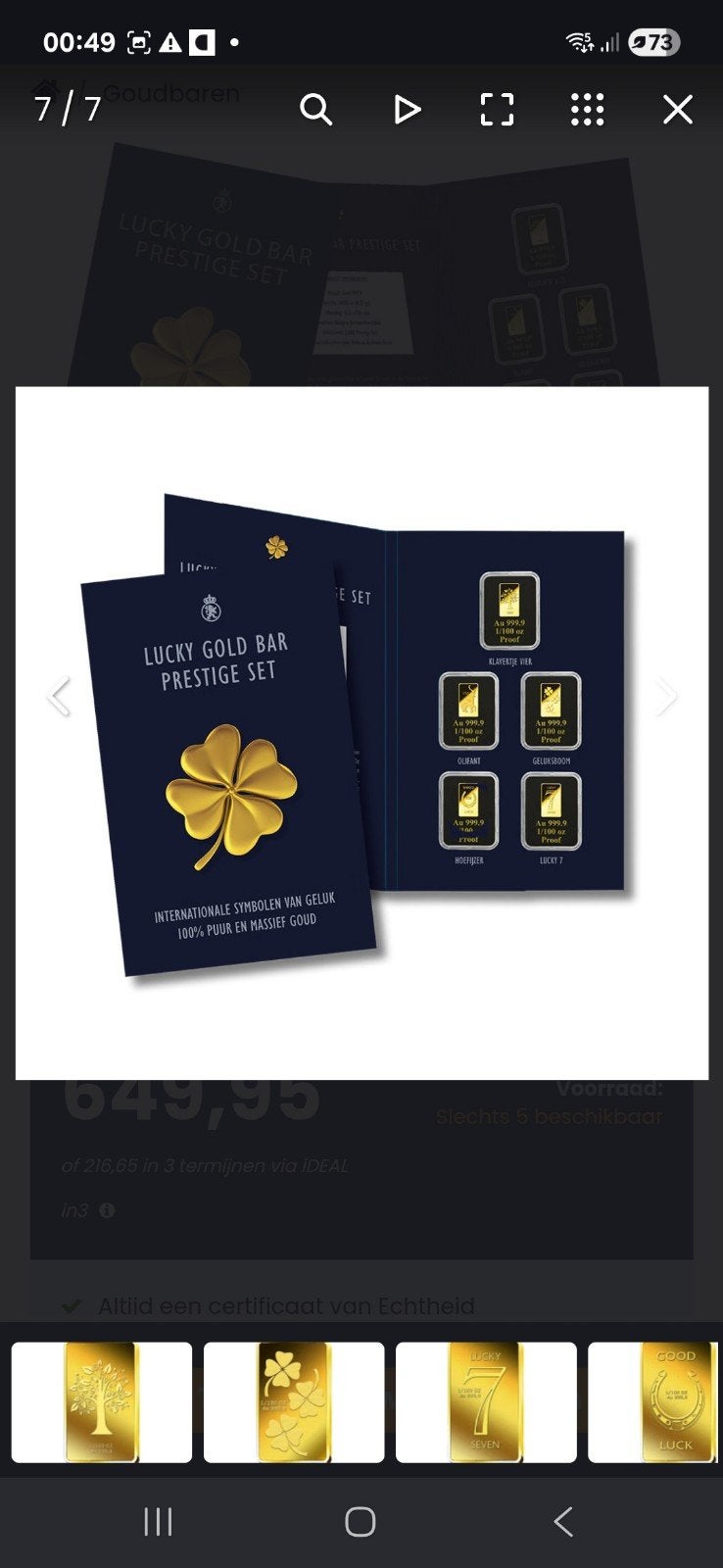 Lucky Gold Bar Prestige Set - 5 Goudbaren 1/100 Oz Au 999,9, Postzegels en Munten, Edelmetalen en Baren, Ophalen of Verzenden