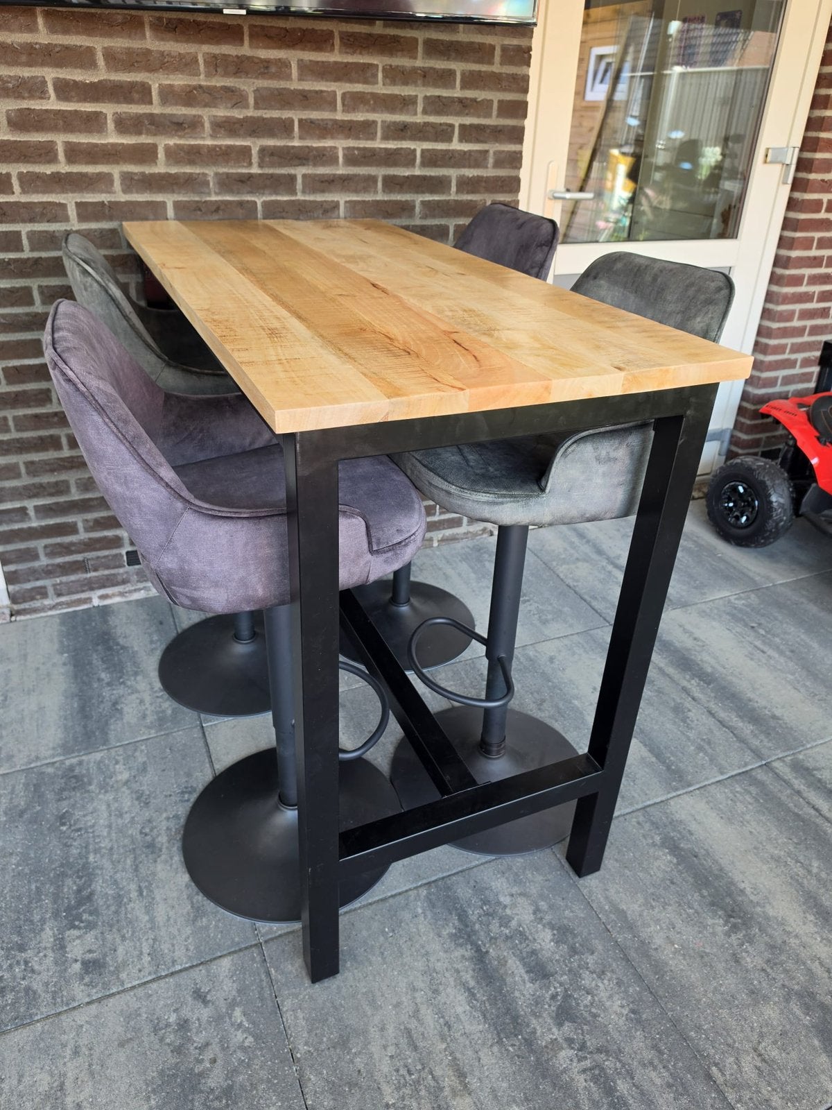 Mangohouten bartafel/ sta tafel met barkrukken als nieuw!, Ophalen, Zo goed als nieuw