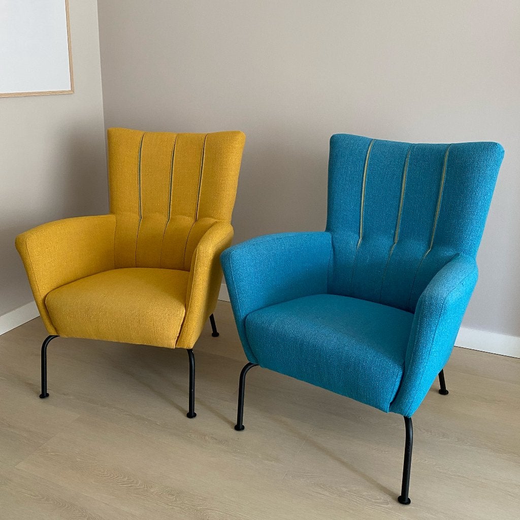 Unieke Set 2 Design Fauteuils Hulshoff, Ophalen, Minder dan 75 cm, Leer, Zo goed als nieuw