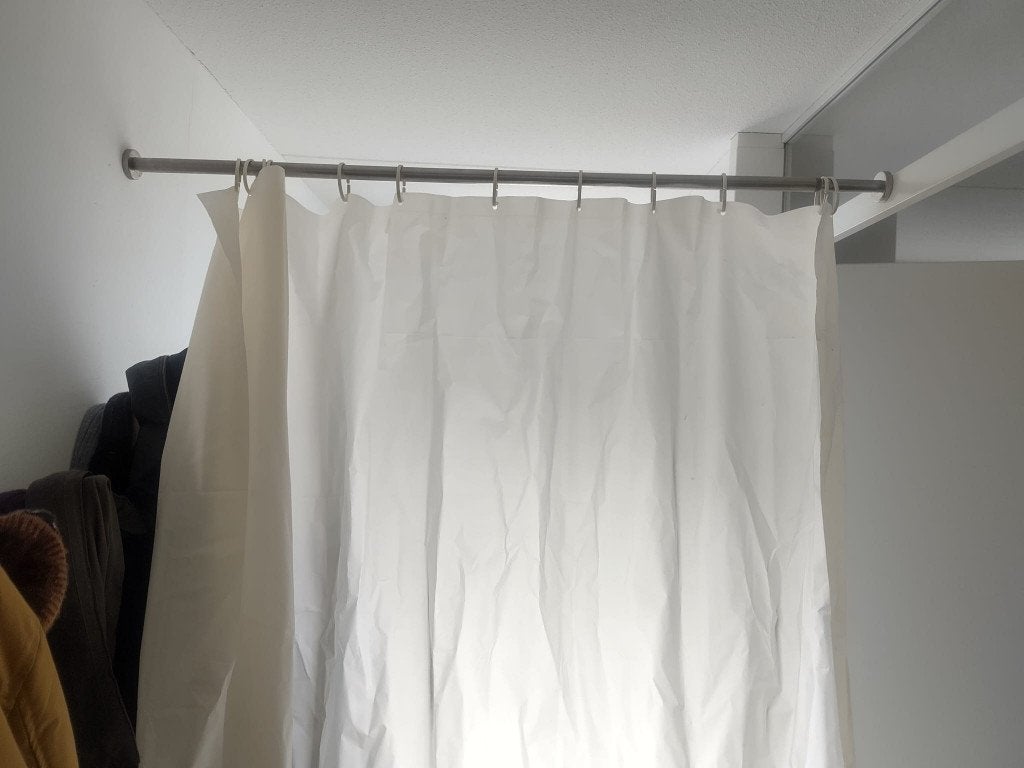 Douchegordijn - RVS stang - 114cm tot 206cm - IKEA, Gebruikt, Douche-accessoire, Zilver, Ophalen