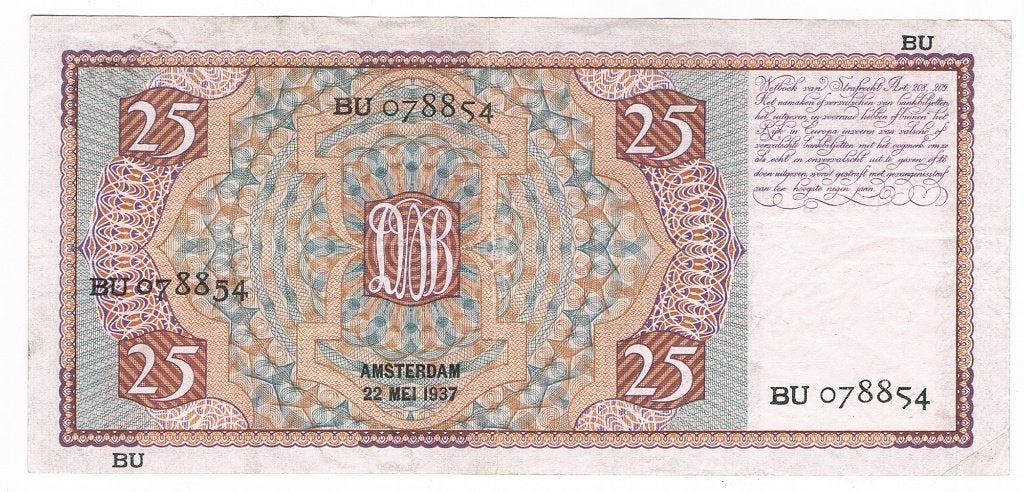 25 gulden 22 mei 1937 Mees, Verzenden, 25 gulden, Los biljet