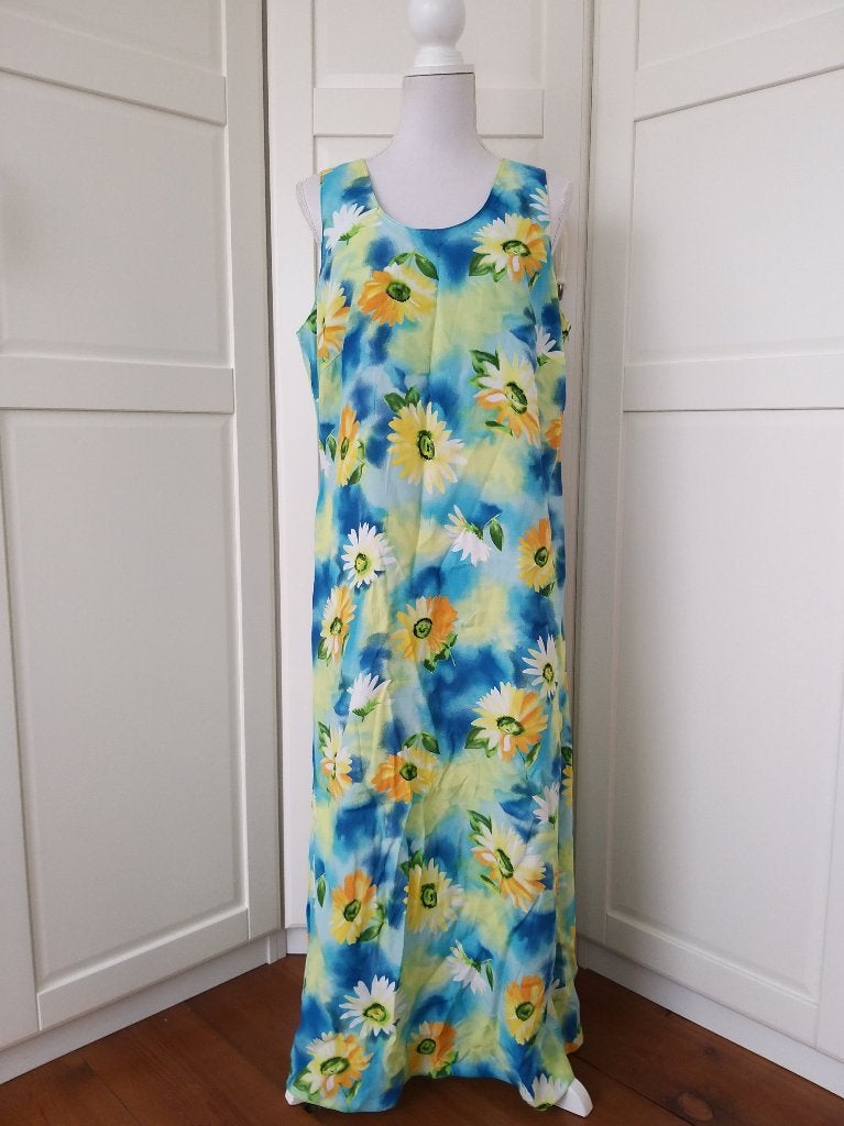 Vintage blauwe mouwloze floral maxi jurk, maat L, Blauw, Maat 42/44 (L), Ophalen of Verzenden, Gedragen
