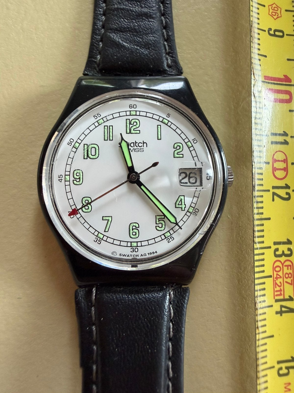 Vintage Swatch horloge zwart leren band 1995, Kunststof, Leer, Polshorloge, Swatch