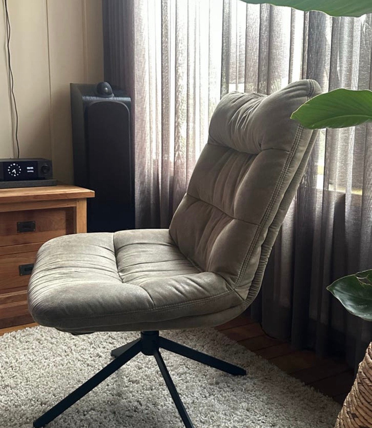 Draai fauteuil grijs/groene stof, Ophalen, Minder dan 75 cm, Zo goed als nieuw, Stof