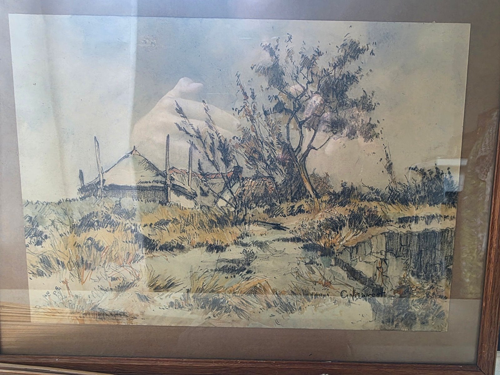 Landschapstekening met huis en bomen, gesigneerd, Ophalen of Verzenden